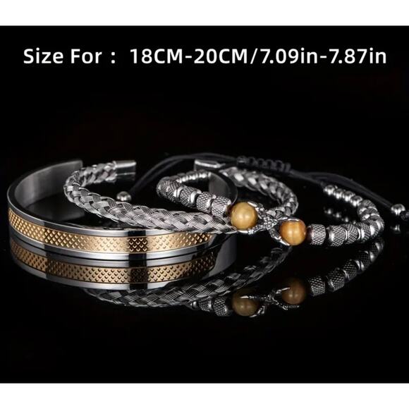 Unisex 3 pc SS Symmetrical Claw Bracelet Set Beaded Golden - Picture 5 of 5